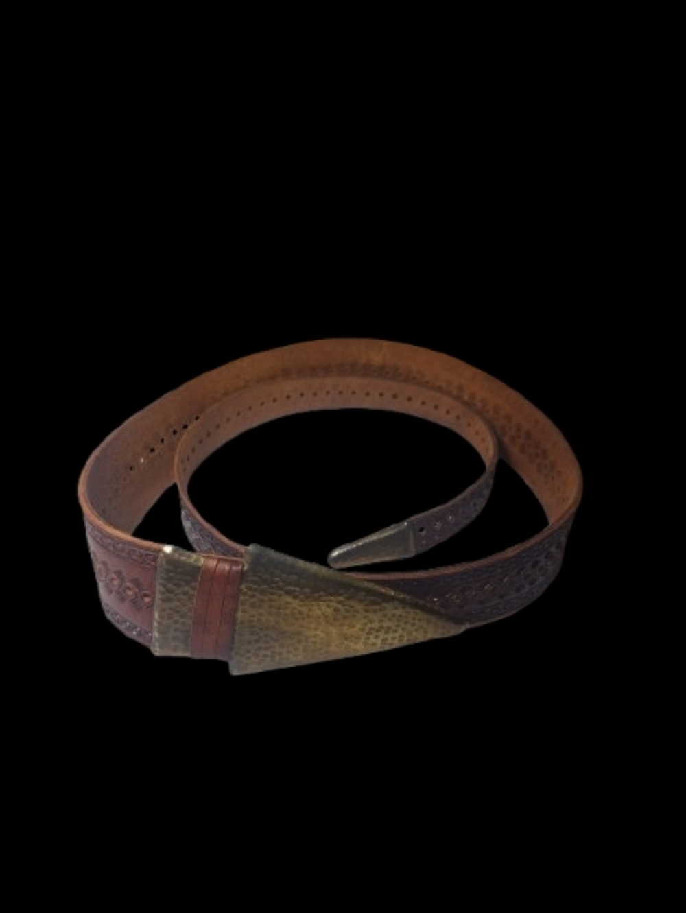 Vintage Embossed Moroccan Handmade Brown Leather Belt Brass arrowhead Buckle